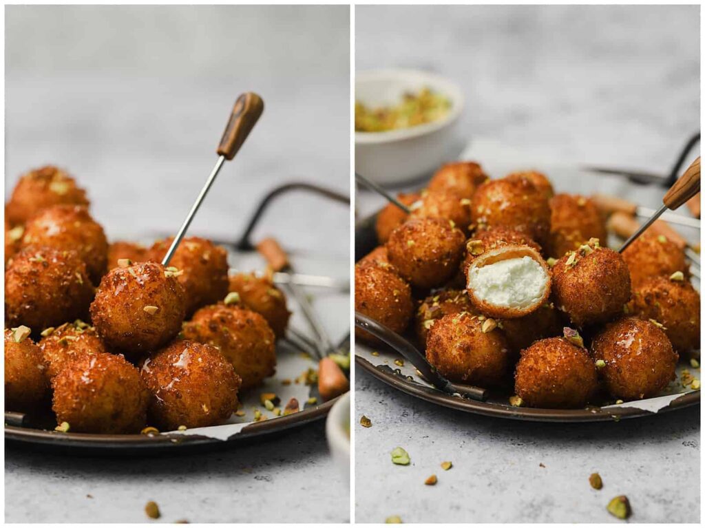 2020-10-08_0002 - Step-by-Step Guide to Perfect Fried Goat Cheese Balls Golden cheese balls garnished with pistachios, served with skewers on a plate. Perfect appetizer or snack.