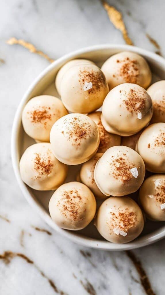 White chocolate truffles in a bowl, topped with cocoa and sea salt, on a marble surface.
