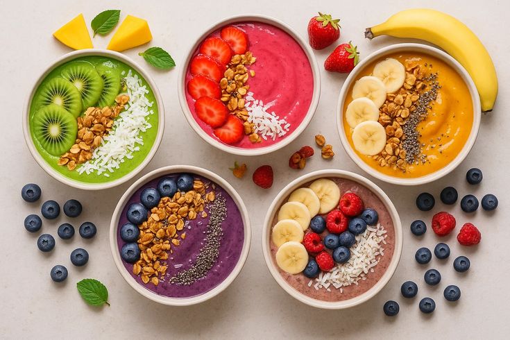 Colorful smoothie bowls topped with fresh fruits, granola, and seeds, surrounded by assorted fruits on a light background.