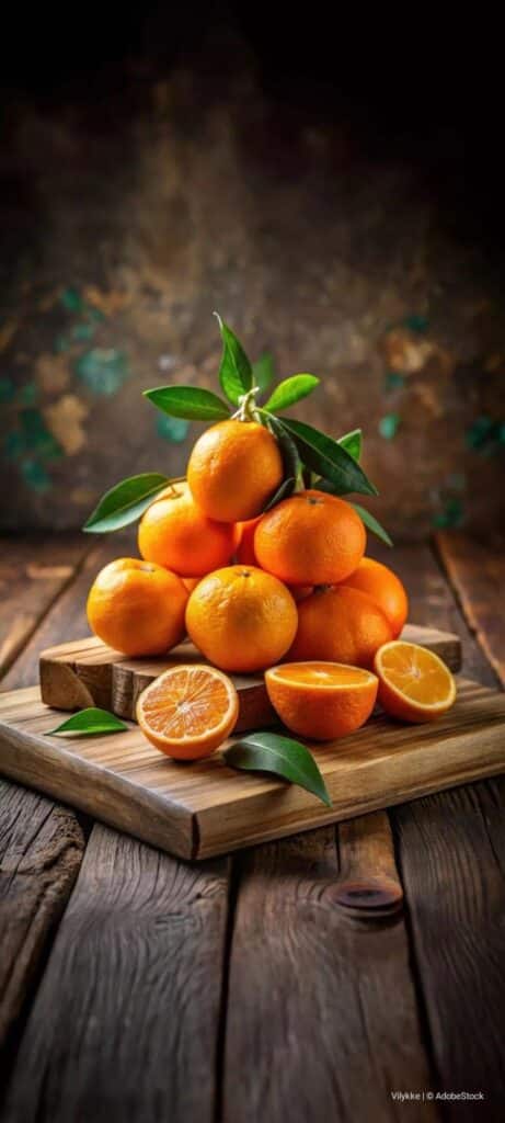 A rustic wooden board topped with fresh oranges and green leaves, capturing vibrant citrus colors.