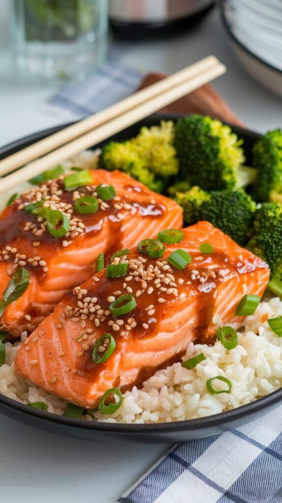 Glazed salmon with sesame and green onions on rice, served with broccoli and chopsticks on a black plate.