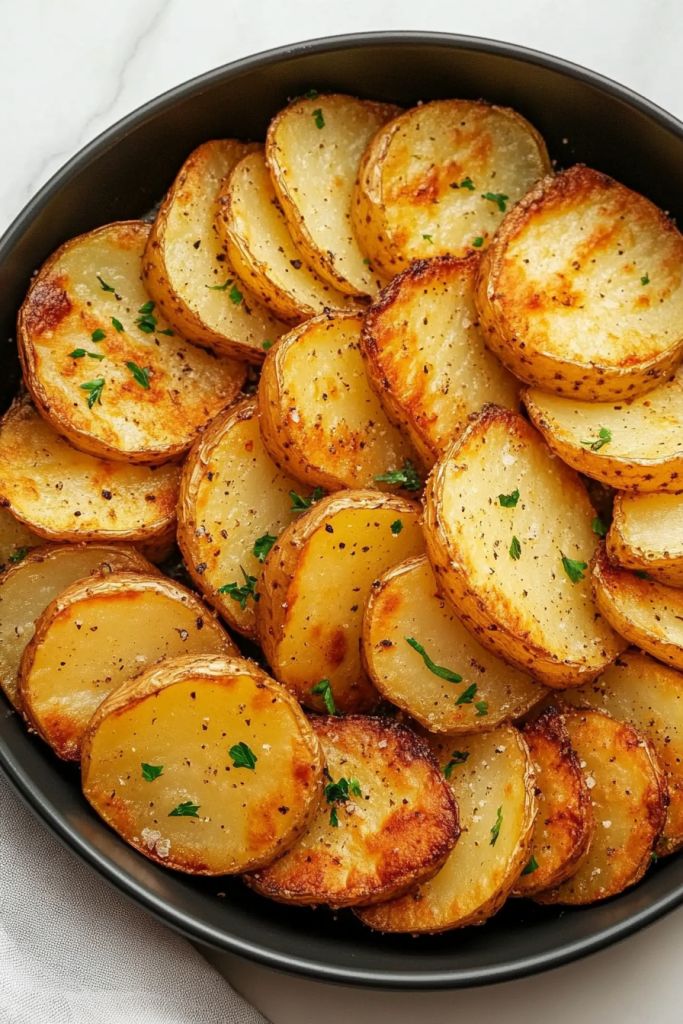 Sliced roasted potatoes in a bowl, seasoned with herbs and spices, perfect for a tasty side dish.