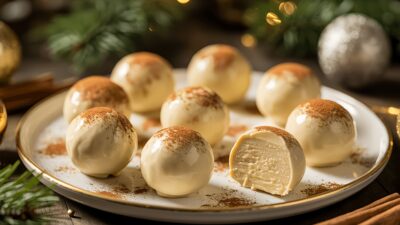Plate of delicious white chocolate truffles with cinnamon, ideal for festive gatherings and dessert indulgence.