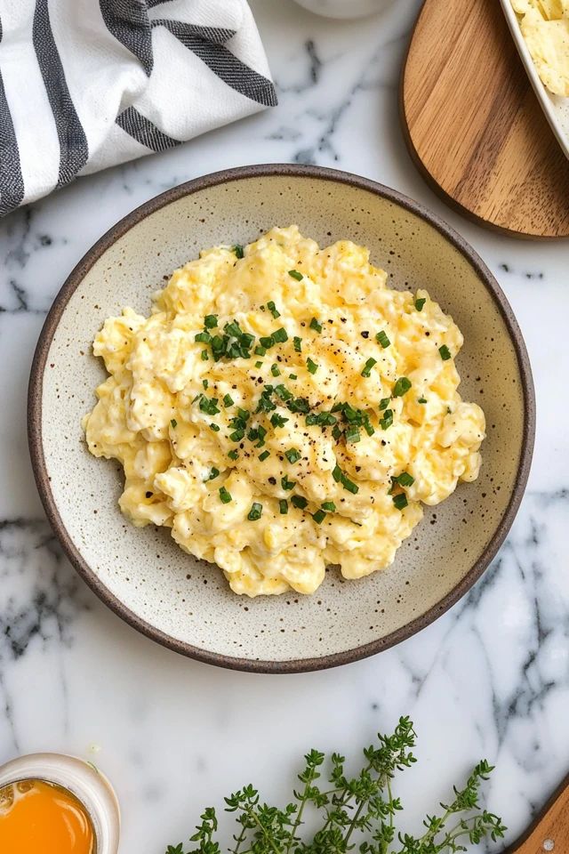 Creamy scrambled eggs topped with fresh herbs and black pepper, served in a rustic bowl on a marble countertop.