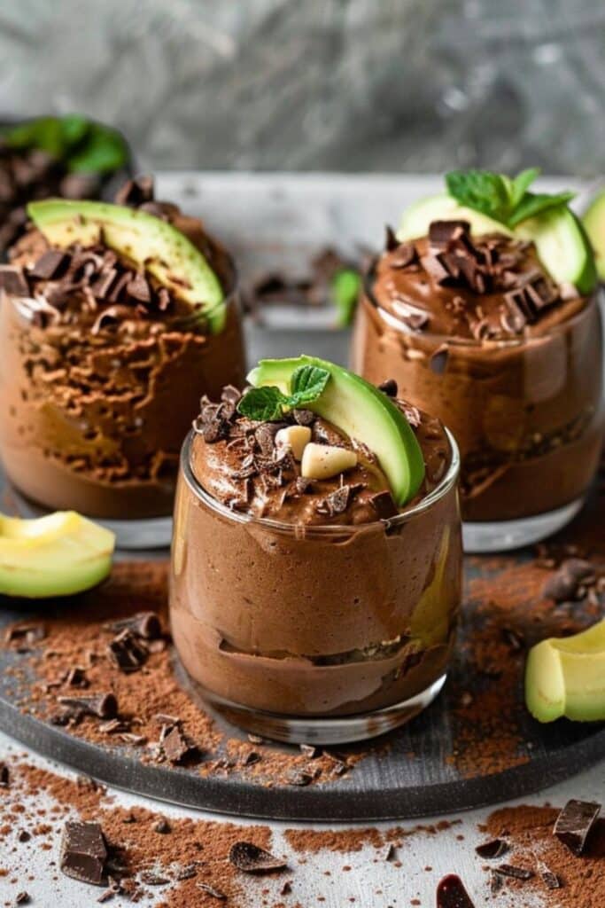 Creamy chocolate mousse garnished with avocado slices, mint, and chocolate shavings in elegant glasses.