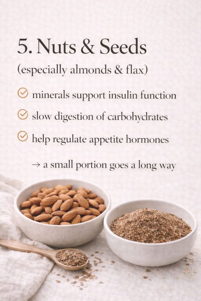 Almonds and flax seeds in bowls with text on health benefits: insulin support, digestion, appetite regulation.