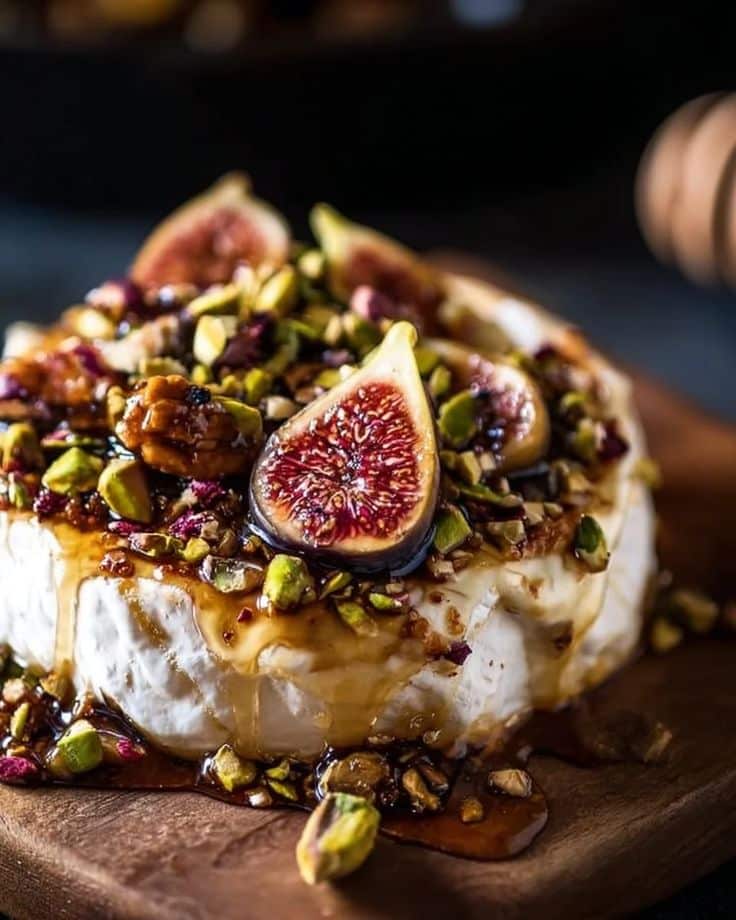 Best Baked Brie with Honey Fig and Pistachio - Melted Brie with Honey & Pistachios in 20 Minutes Creamy brie topped with figs, pistachios, and honey on a wooden board. Luxurious cheese platter for gourmet dining.