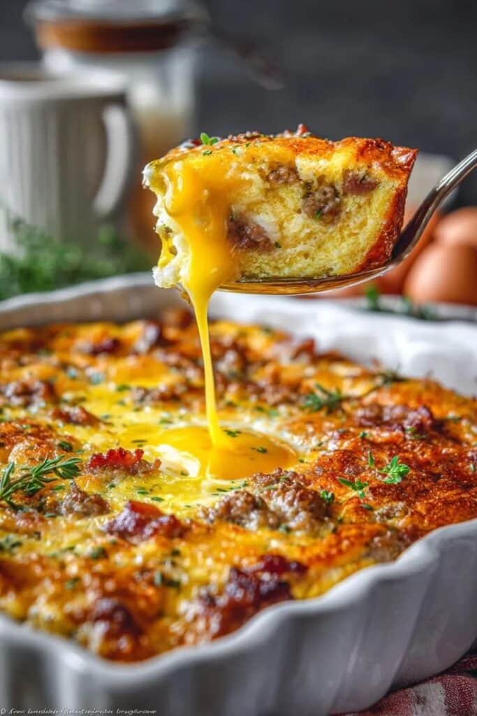 Cheesy breakfast casserole with sausage and eggs, fresh from the oven, served in a white dish, topped with herbs.