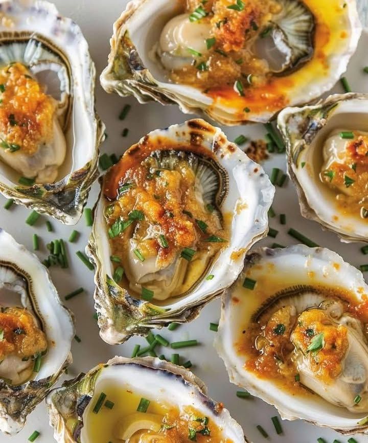 Grilled oysters with lemon and herbs, garnished with chives on a white plate. Perfect for a seafood feast.