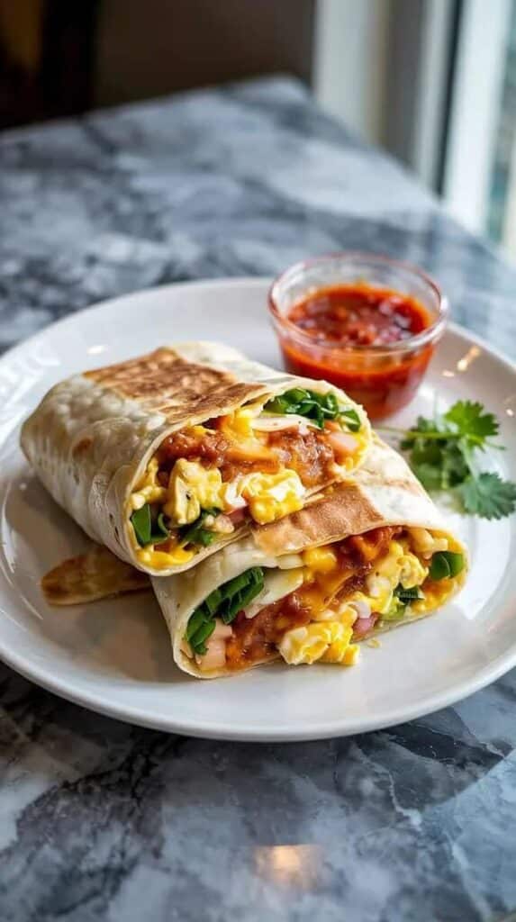 Breakfast burrito filled with eggs, cheese, and veggies, served with salsa on a white plate.