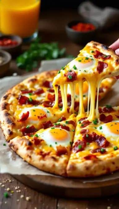 Delicious breakfast pizza topped with eggs, bacon, and chives, with a slice being lifted.