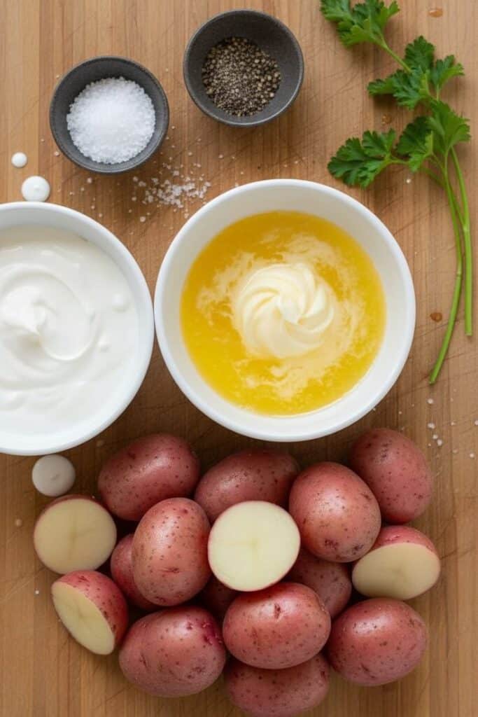 Red potatoes, butter, sour cream, salt, pepper, and parsley on a wooden board for a delicious cooking prep.