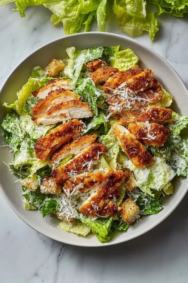 Crispy chicken Caesar salad with romaine, croutons, and Parmesan on a marble table.