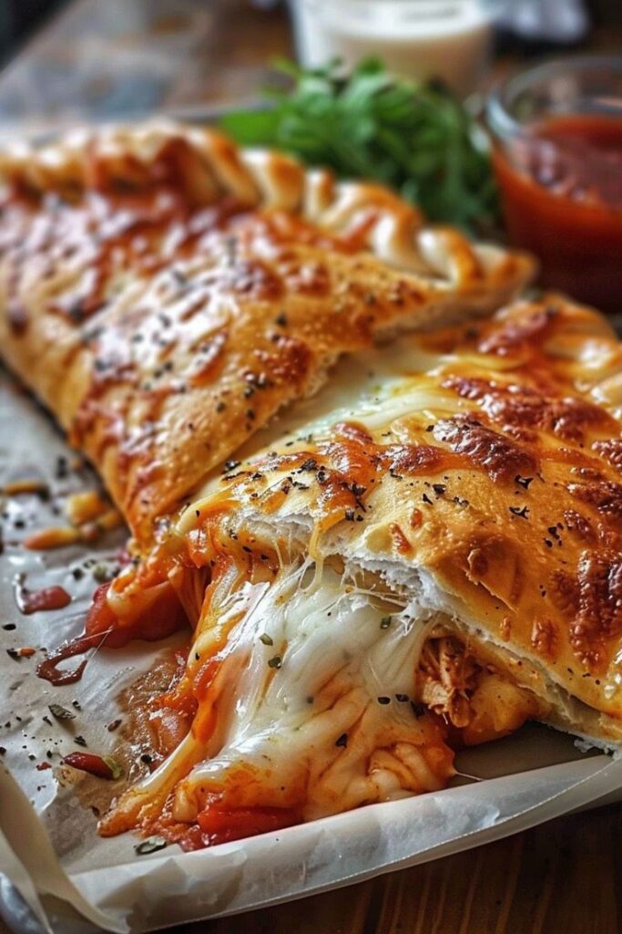 Golden-brown calzone filled with melted cheese and tomato sauce, served with fresh greens and dipping sauce.