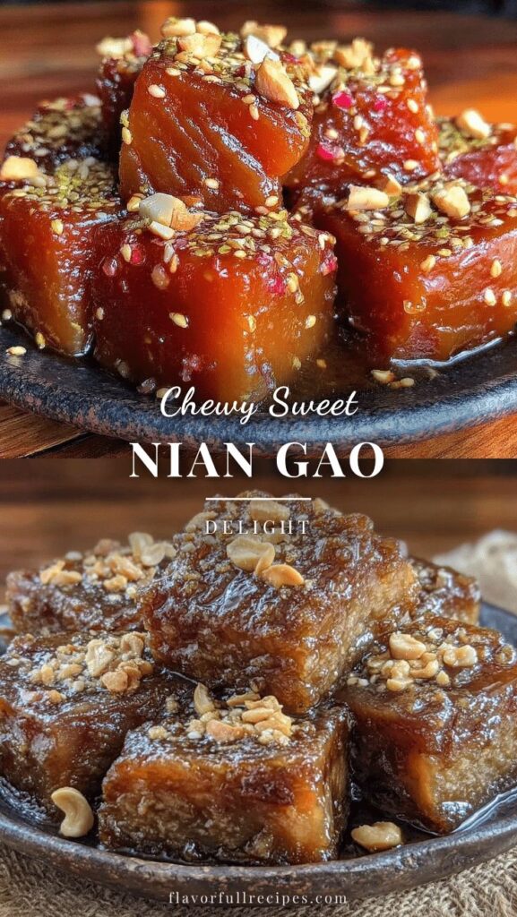 Chewy sweet Nian Gao topped with nuts and seeds on a plate, delicious Asian dessert.