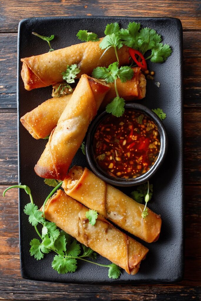 Crispy spring rolls with cilantro and spicy dipping sauce on a black plate. Asian appetizer delight.