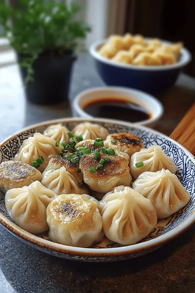 Plate of steamed dumplings with dipping sauce and garnished with chives, perfect for a savory meal.