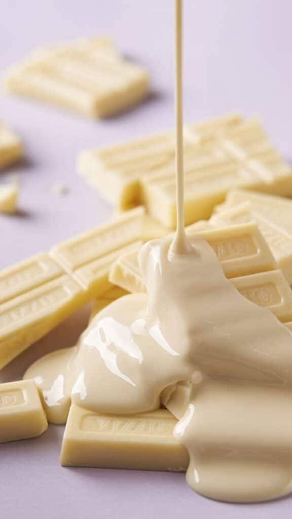 Pouring melted white chocolate on bars, creating a creamy, indulgent texture with a soft purple background.