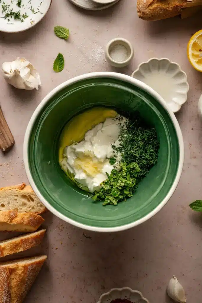 Green bowl with yogurt, olive oil, chopped herbs; surrounded by garlic, bread slices, lemon, and fresh mint leaves.