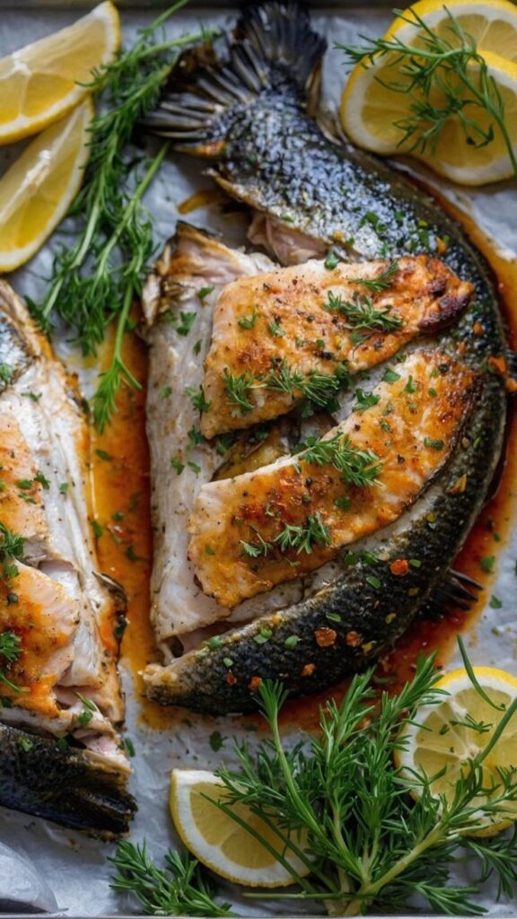 Grilled fish with herbs and lemon slices, beautifully presented for a delicious seafood meal.