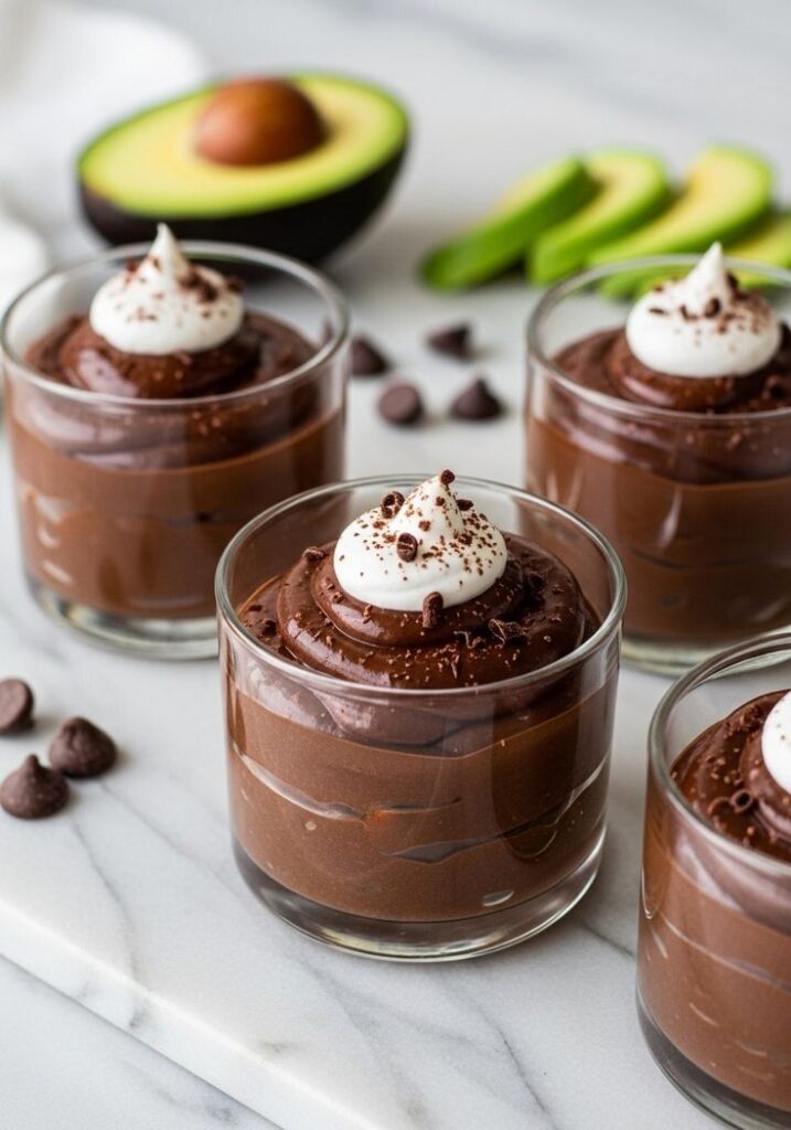Four glass jars of rich avocado chocolate mousse topped with cream on a marble surface.
