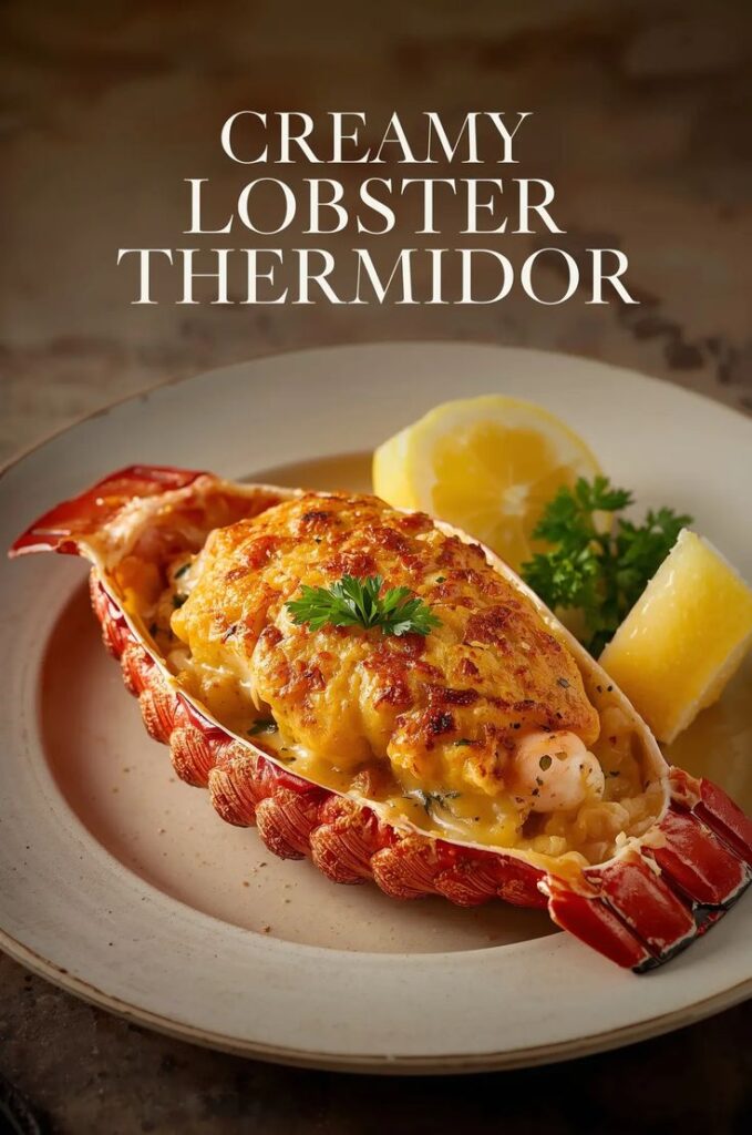Creamy lobster Thermidor garnished with herbs, served with lemon wedges on a plate.