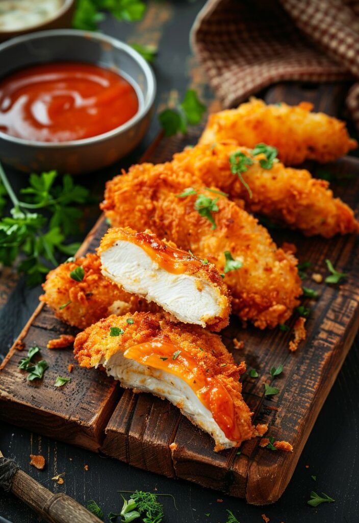 Crispy fried chicken tenders with spicy dipping sauce on a wooden board, garnished with fresh parsley.