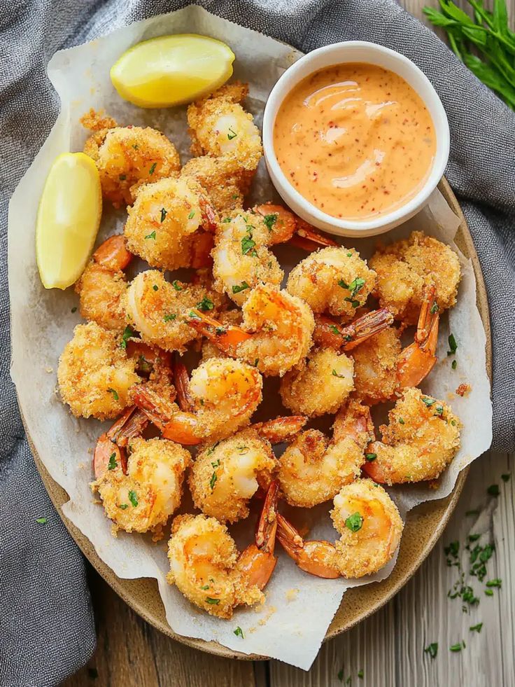 Golden fried shrimp with a side of spicy aioli and lemon wedges on parchment paper.