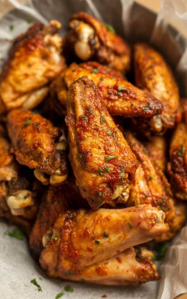 Crispy baked chicken wings seasoned with spices and herbs, served in a basket lined with parchment.