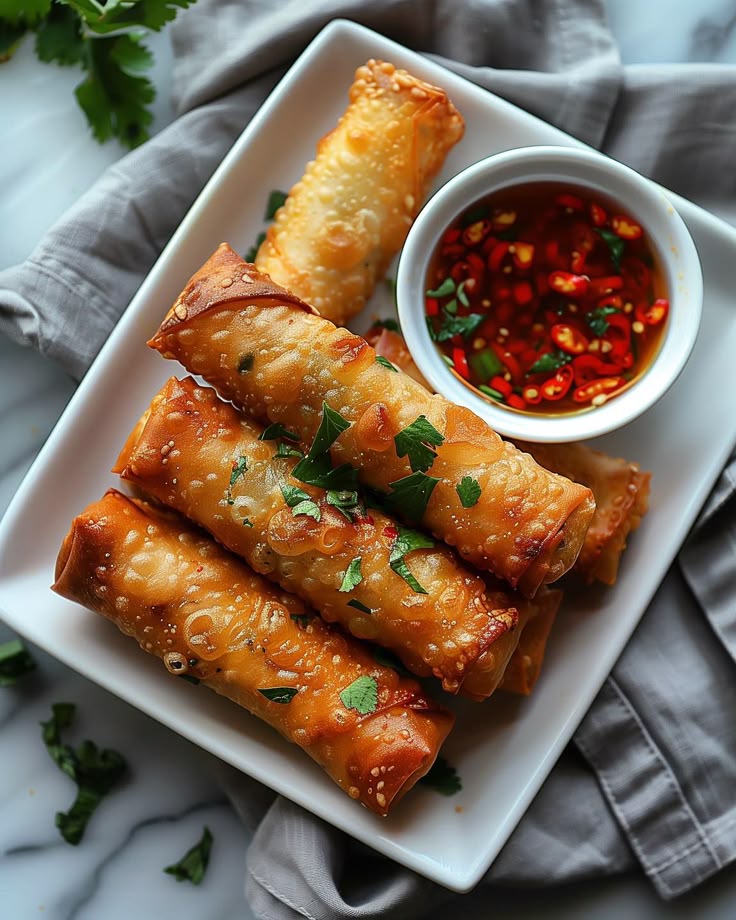 Crispy spring rolls on a plate with a side of spicy dipping sauce, garnished with fresh herbs.  Chinese New Year Dishes
