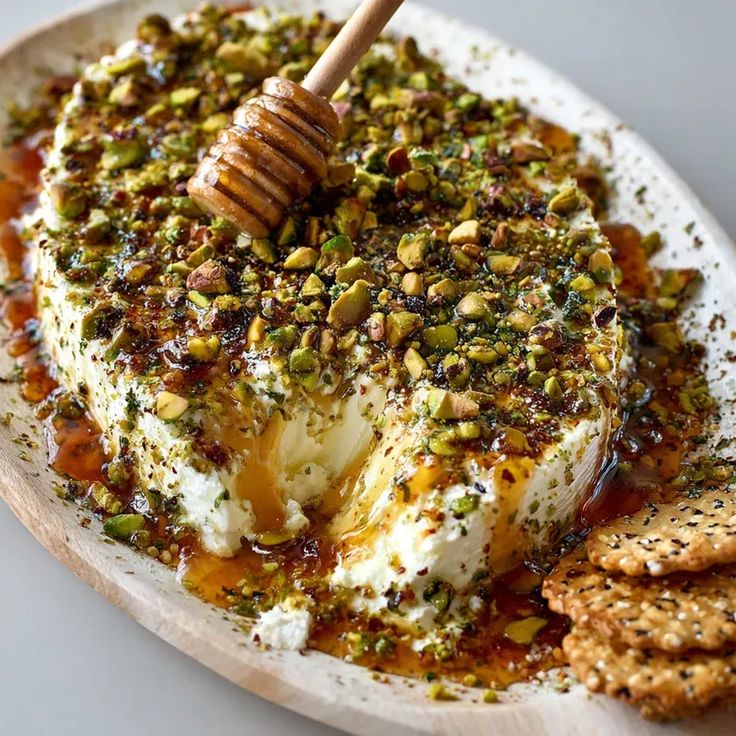 Decadent Boursin Cheese Appetizer with Pistachios and Honey Delight - Melted Brie with Honey & Pistachios in 20 Minutes Creamy cheese topped with honey and pistachios, served with crackers on a wooden plate for an elegant appetizer. Melted Brie with Honey & Pistachios