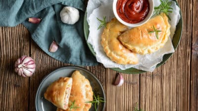 Delicious homemade empanadas with rosemary and dipping sauce on a wooden table, accompanied by garlic cloves.