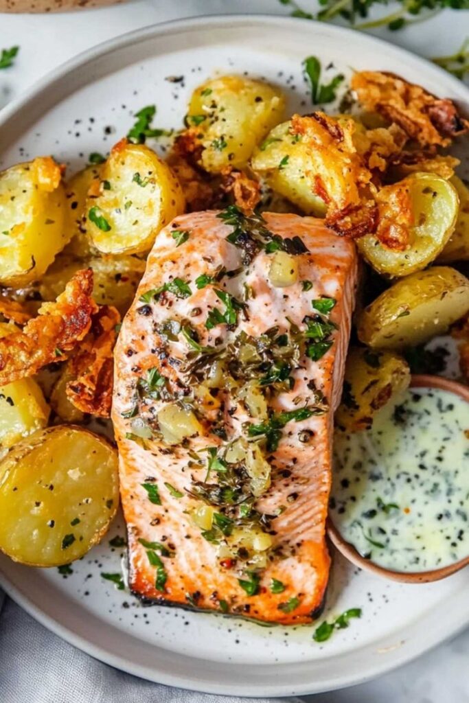 Grilled salmon with herbs and crispy potatoes, paired with creamy sauce on a white plate. Perfect for a delicious meal.