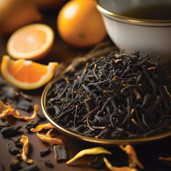 Loose black tea with orange slices, dried petals, and a tea cup, creating a rich and aromatic blend.