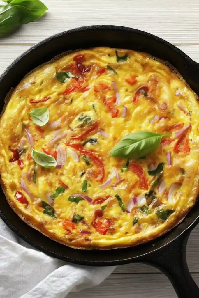 Vegetable frittata in a cast iron skillet, garnished with fresh basil leaves, on a white wooden table.