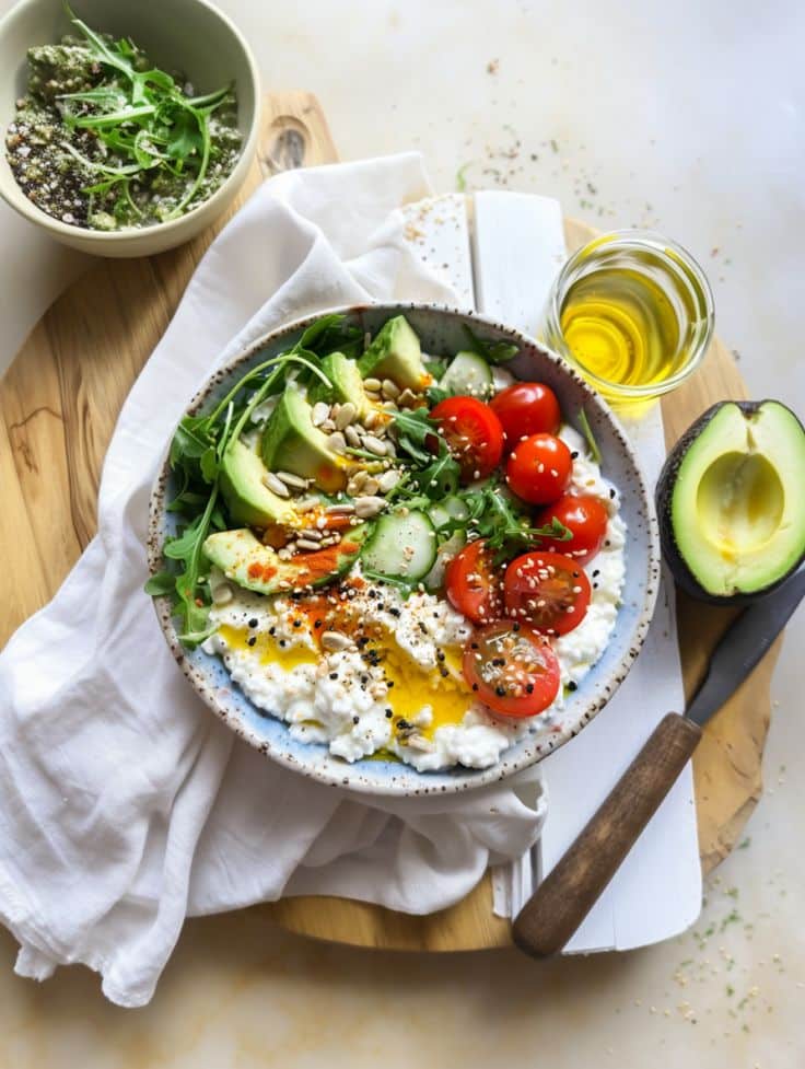 Healthy salad bowl with avocado, cherry tomatoes, seeds, arugula, and olive oil on a white cloth and wooden board.