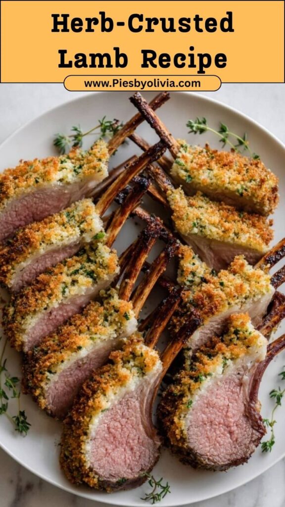 Delicious herb-crusted lamb chops on a plate, perfectly cooked and garnished with fresh herbs.