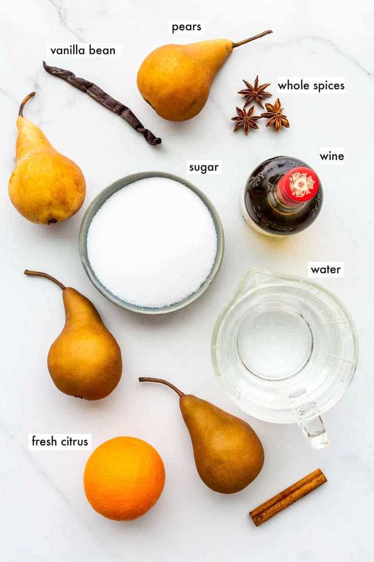 Easy poached pears - Elegant Winter Dessert: Perfect Mulled Wine Poached Pears Ingredients for poached pears: vanilla bean, pears, whole spices, sugar, wine, water, fresh citrus, cinnamon.