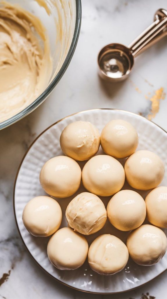 Cream cheese truffles on a plate with mixing bowl and scoop on a marble surface, perfect for dessert lovers.