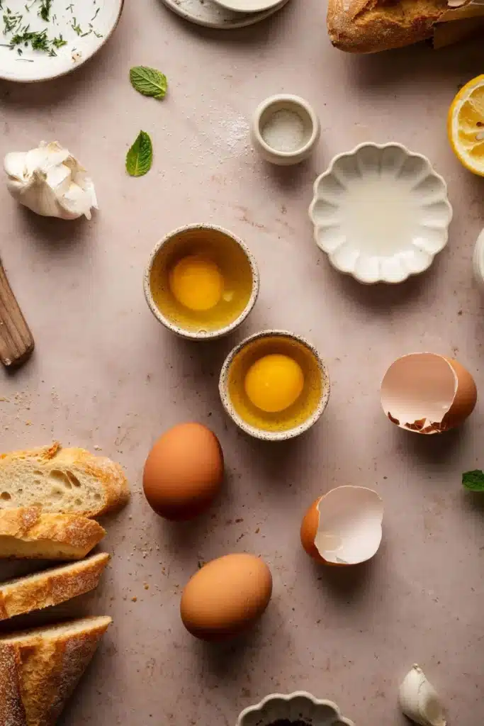 Rustic baking ingredients on a table: eggs, bread, herbs, garlic, lemon slice, and spices. Perfect for a cozy recipe.