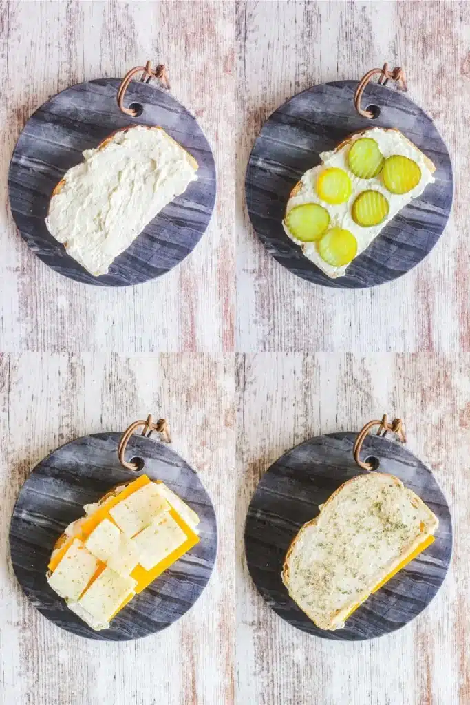 Step-by-step grilled cheese preparation with mayo, pickles, and cheese on a wooden board.