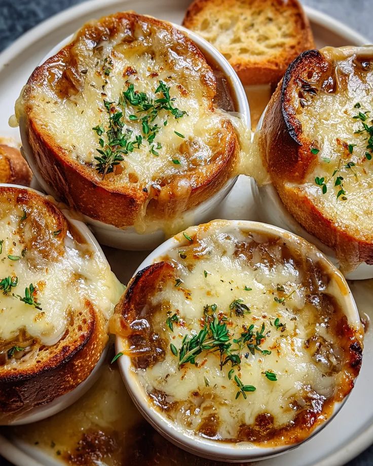 French onion soup with melted cheese and fresh herbs, served in bowls with toasted bread.
