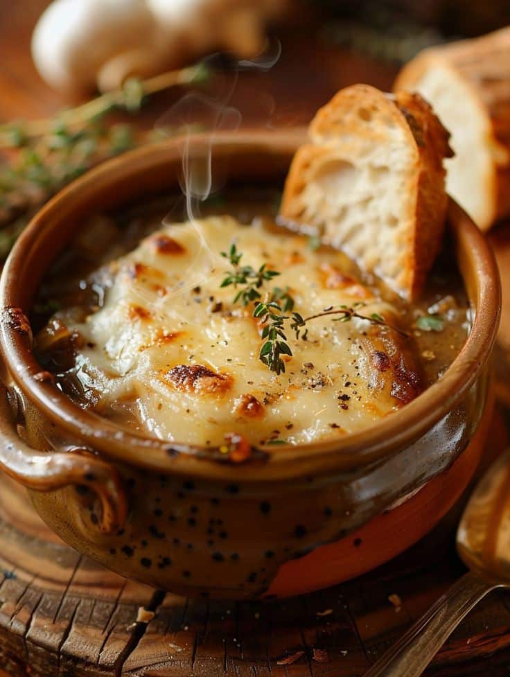 Hot French onion soup with melted cheese topping, garnished with thyme and served with crusty bread in a rustic bowl.
