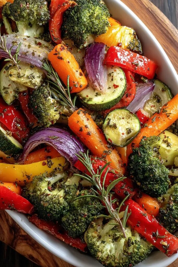 Roasted vegetables with herbs: broccoli, bell peppers, zucchini, carrots, and onions in a white dish.