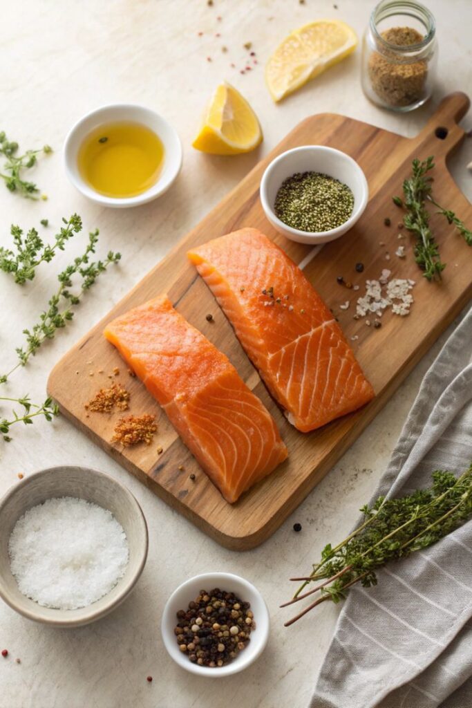 Fresh salmon fillets with herbs, spices, and lemon on a wooden board for gourmet cooking preparation.