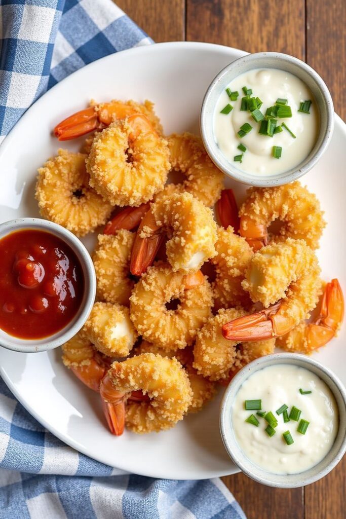 Crispy breaded shrimp with two dipping sauces on a white plate, perfect for a delicious seafood appetizer.