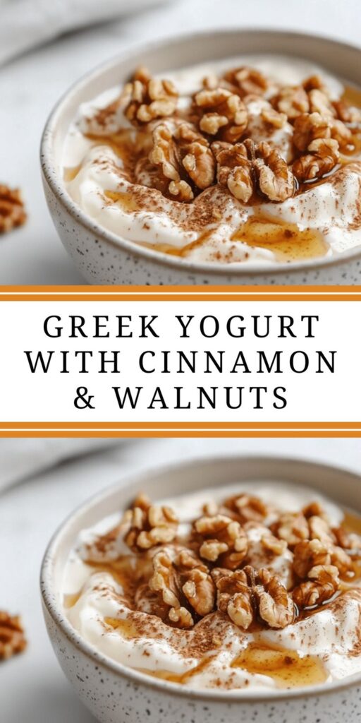 Creamy Greek yogurt topped with cinnamon, walnuts, and honey. Perfect healthy breakfast or snack option.