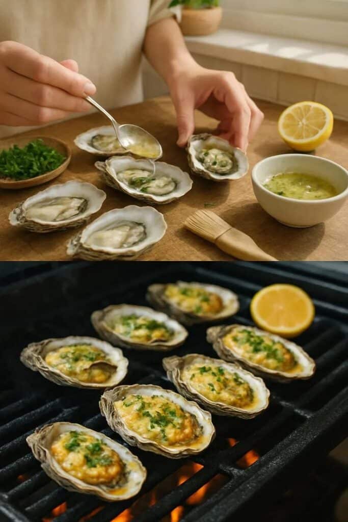 Preparing and grilling oysters with herbs and lemon, highlighting fresh seafood cooking.