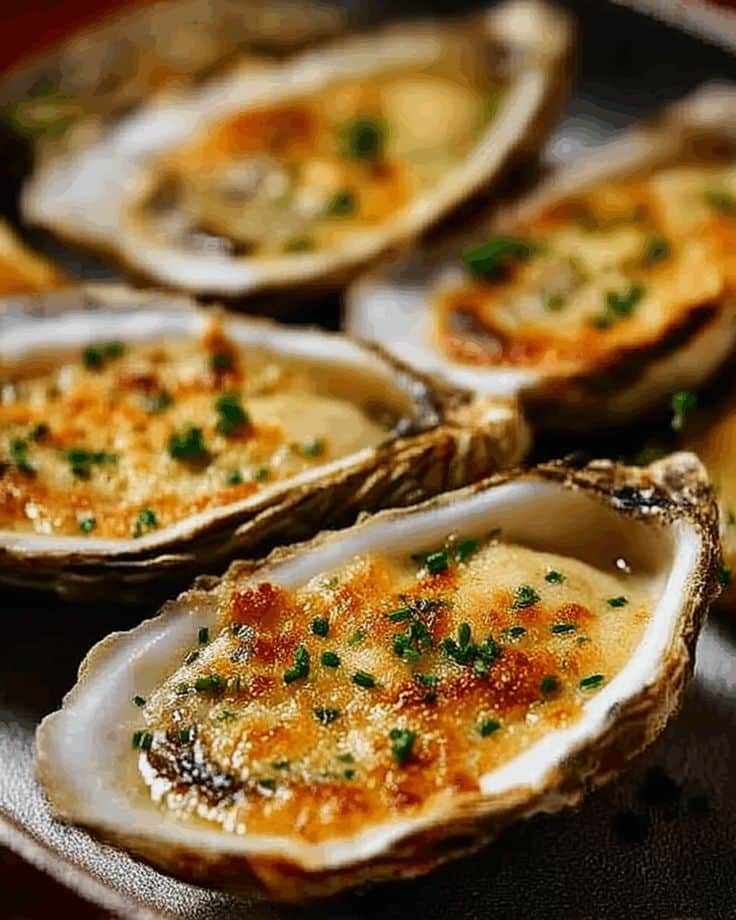 Baked oysters with garlic butter and herbs, topped with melted cheese, served on a platter for a gourmet seafood meal.