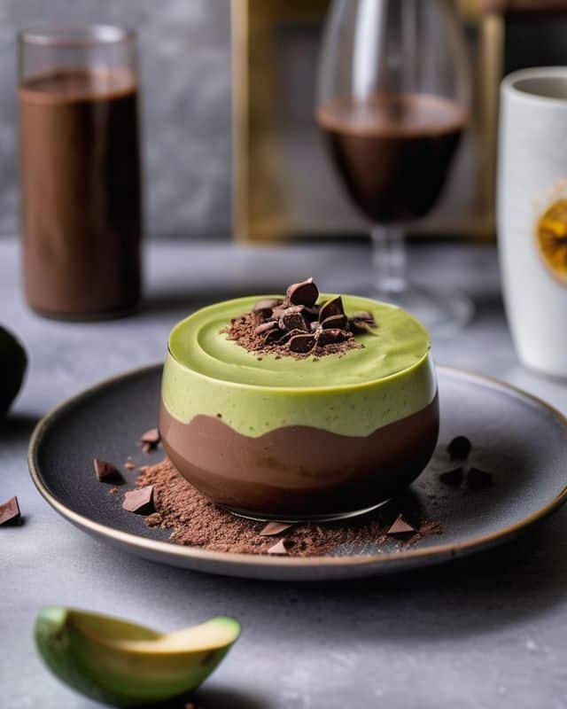 Layered chocolate and avocado mousse dessert in a glass, garnished with chocolate shavings, on a dark plate.
